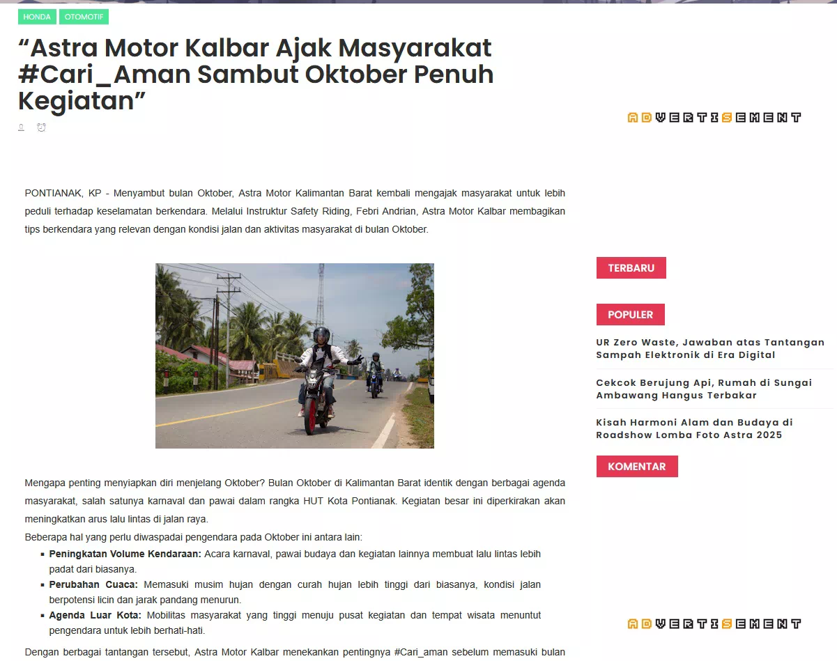 Astra Motor Kalbar Ajak Masyarakat #Cari_Aman Sambut Oktober Penuh Kegiatan