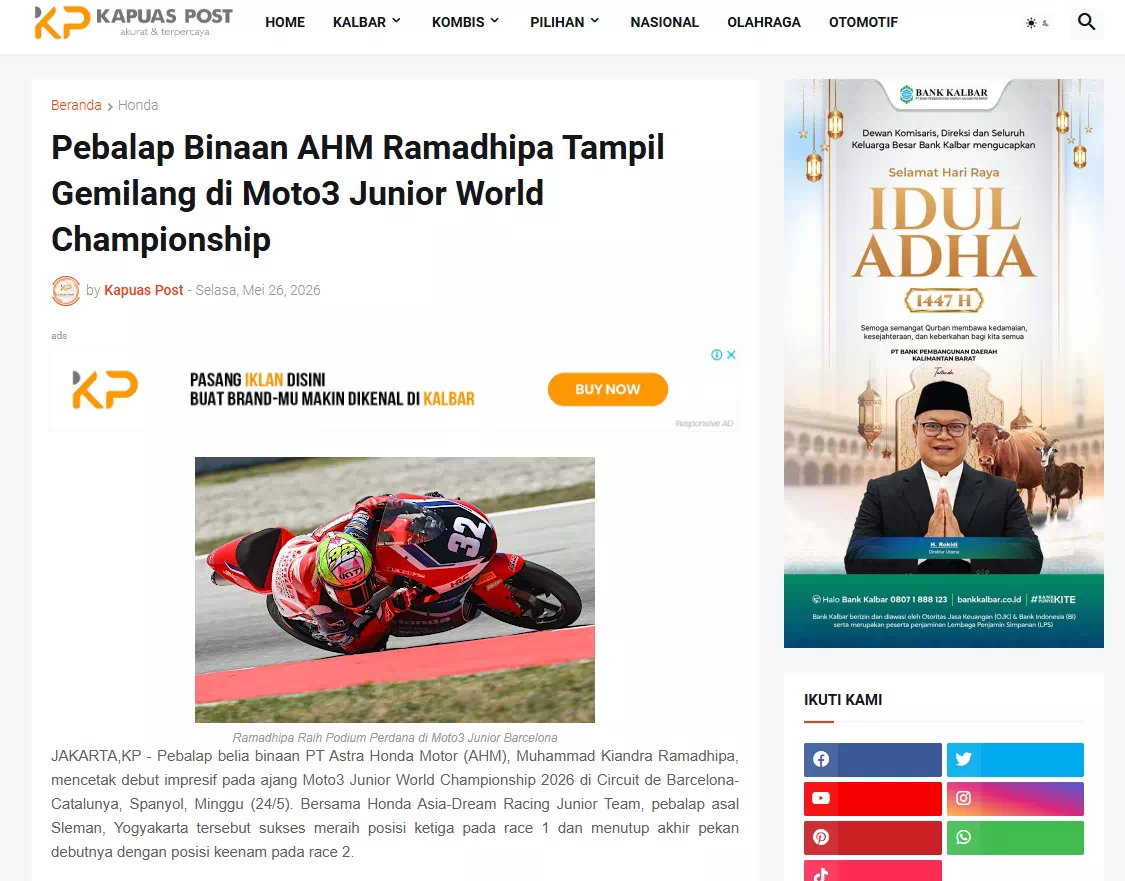 Pebalap Binaan AHM Ramadhipa Tampil Gemilang di Moto3 Junior World Championship