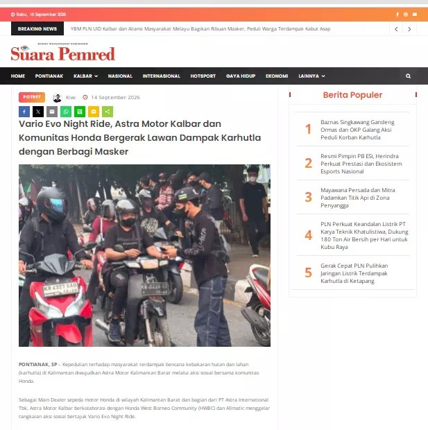 Vario Evo Night Ride, Astra Motor Kalbar dan Komunitas Honda Bergerak Lawan Dampak Karhutla dengan Berbagi Masker