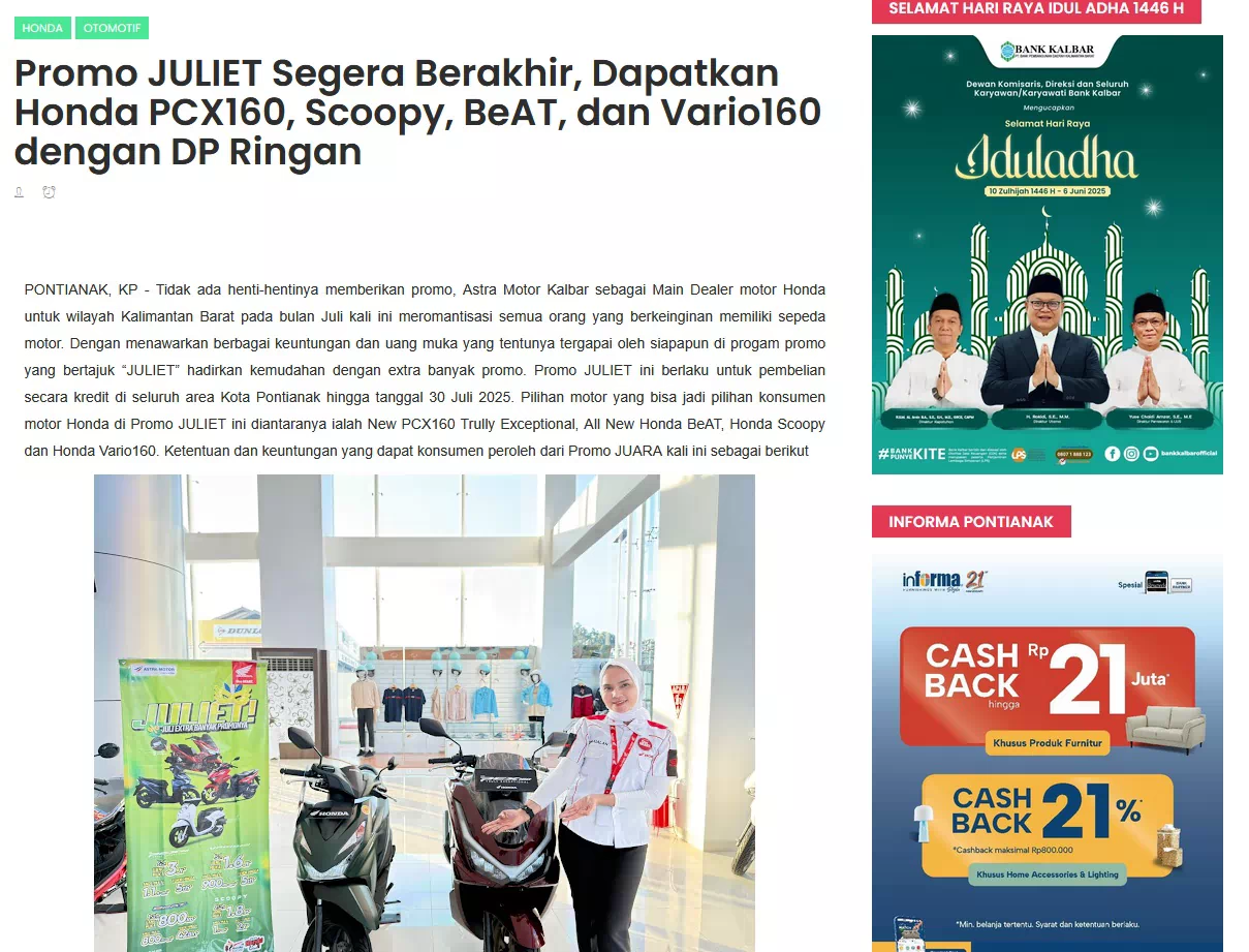Promo JULIET Segera Berakhir, Dapatkan Honda PCX160, Scoopy, BeAT, dan Vario160 dengan DP Ringan