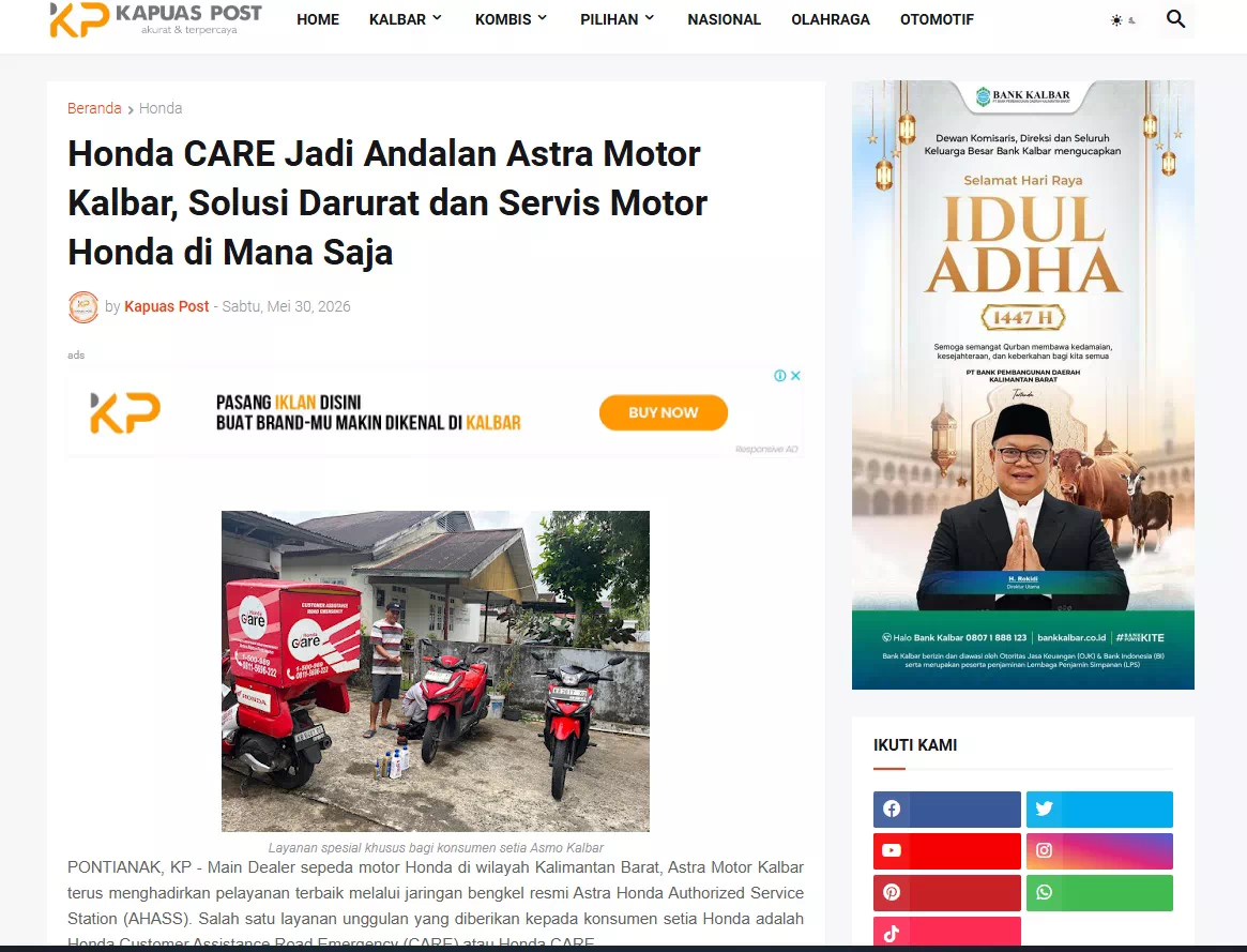 Honda CARE Jadi Andalan Astra Motor Kalbar, Solusi Darurat dan Servis Motor Honda di Mana Saja