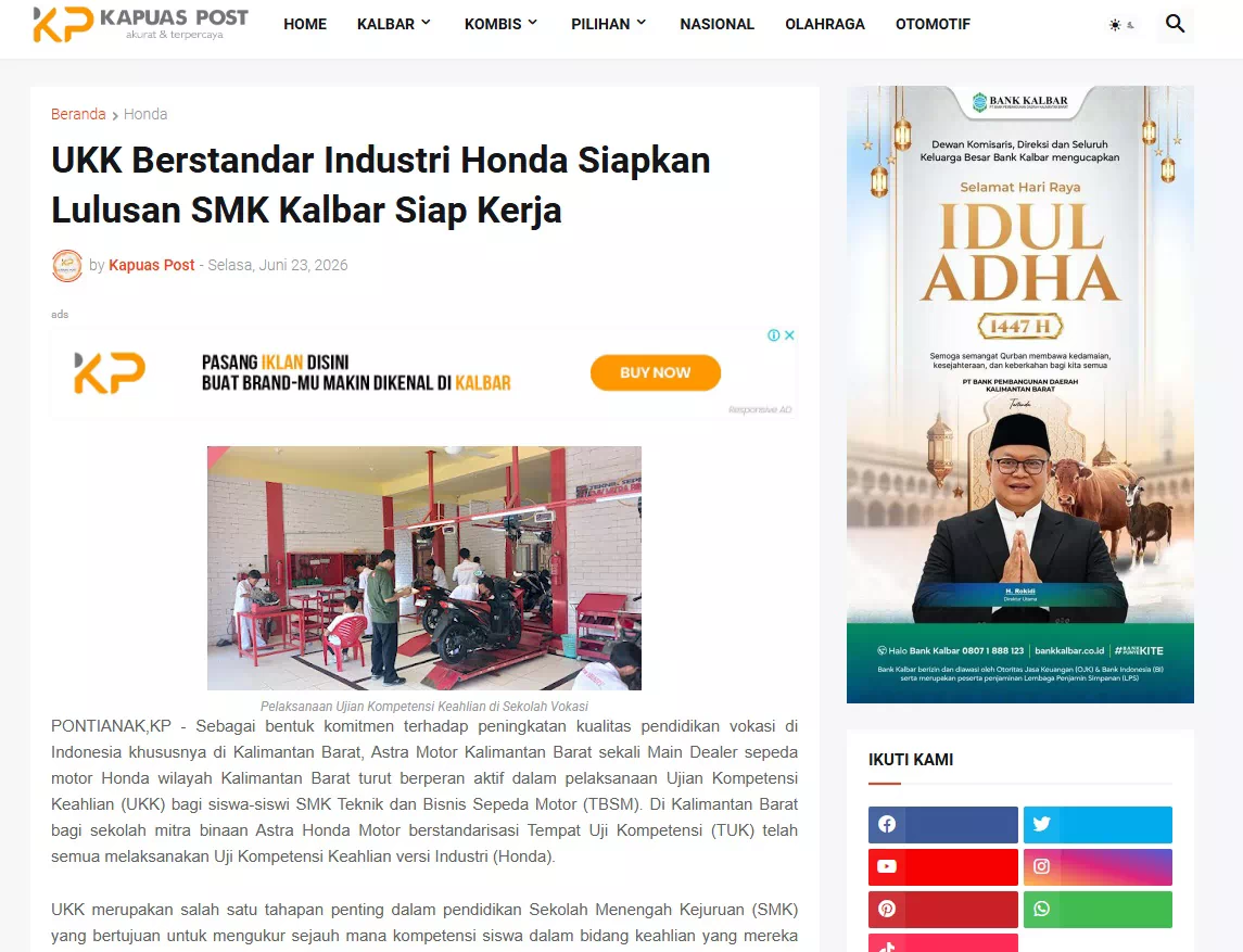 UKK Berstandar Industri Honda Siapkan Lulusan SMK Kalbar Siap Kerja
