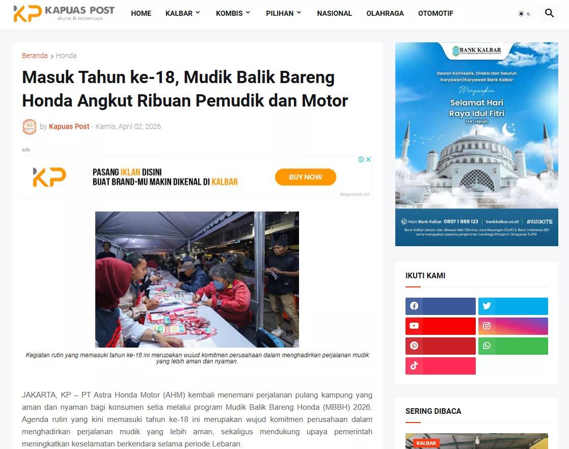 Masuk Tahun ke-18, Mudik Balik Bareng Honda Angkut Ribuan Pemudik dan Motor