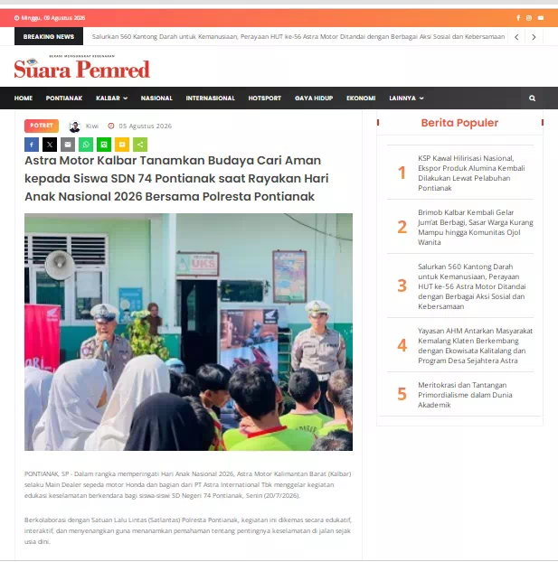 Astra Motor Kalbar Tanamkan Budaya Cari Aman kepada Siswa SDN 74 Pontianak saat Rayakan Hari Anak Nasional 2026 Bersama Polresta Pontianak