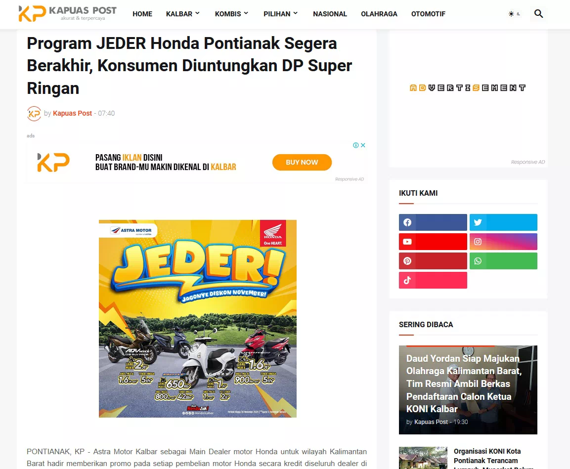 Program JEDER Honda Pontianak Segera Berakhir, Konsumen Diuntungkan DP Super Ringan