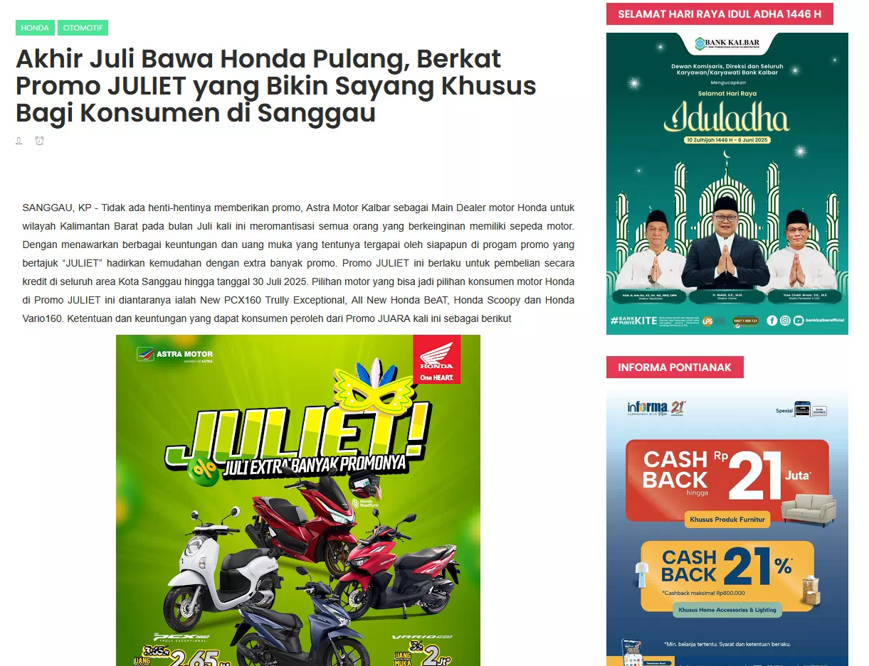 Akhir Juli Bawa Honda Pulang, Berkat Promo JULIET yang Bikin Sayang Khusus Bagi Konsumen di Sanggau