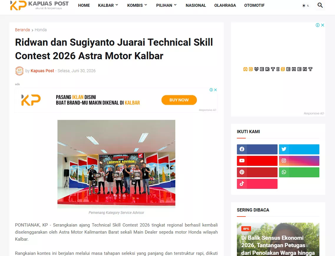 Ridwan dan Sugiyanto Juarai Technical Skill Contest 2026 Astra Motor Kalbar