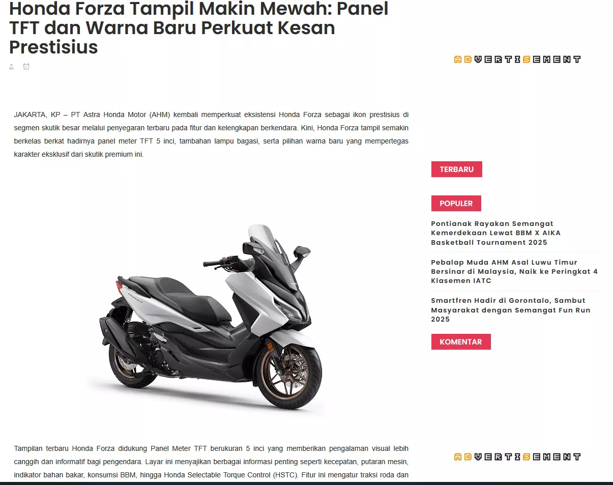 Honda Forza Tampil Makin Mewah: Panel TFT dan Warna Baru Perkuat Kesan Prestisius