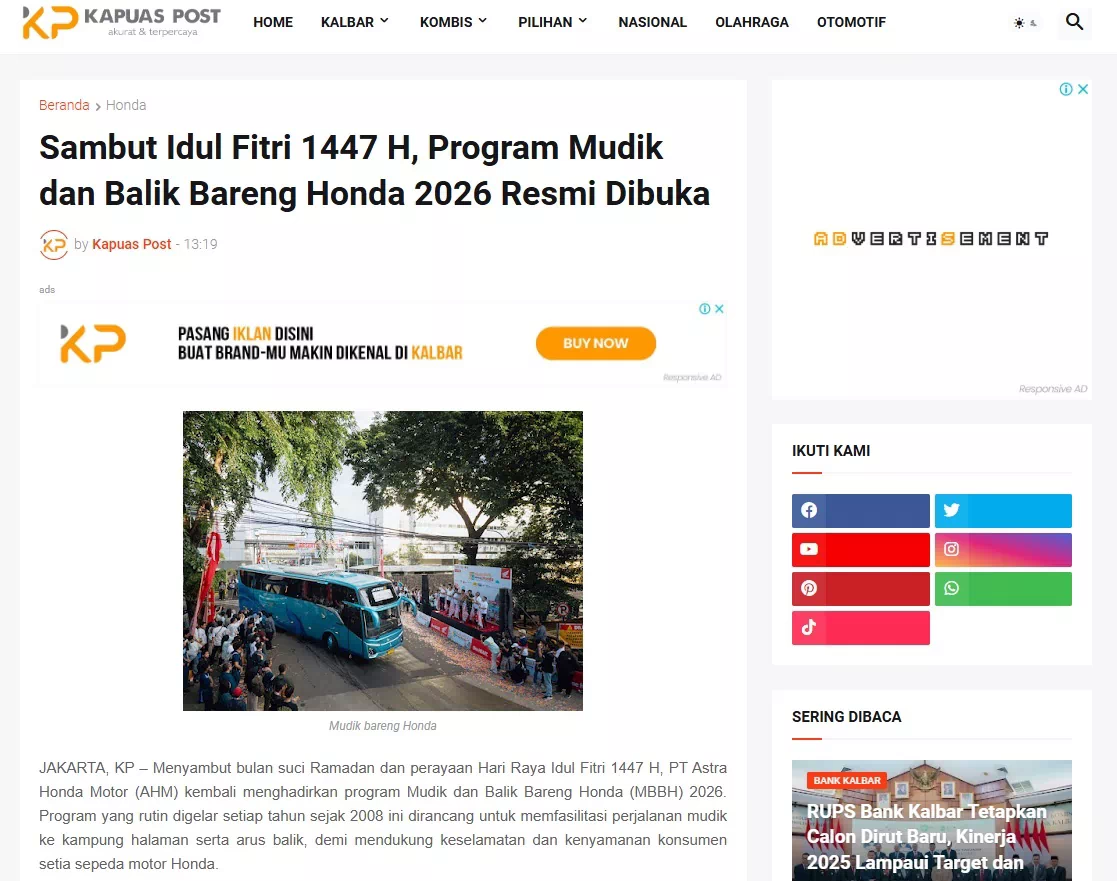 Sambut Idul Fitri 1447 H, Program Mudik dan Balik Bareng Honda 2026 Resmi Dibuka