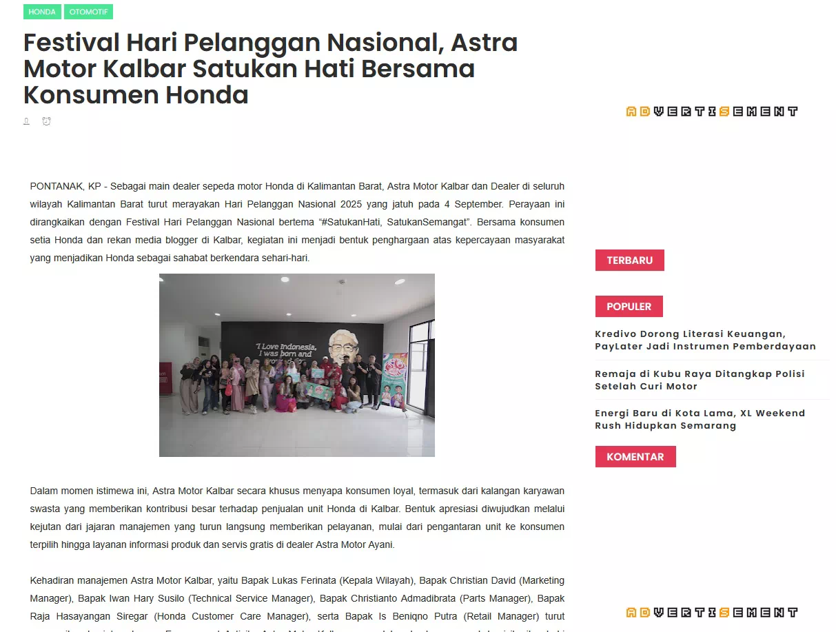 Festival Hari Pelanggan Nasional, Astra Motor Kalbar Satukan Hati Bersama Konsumen Honda