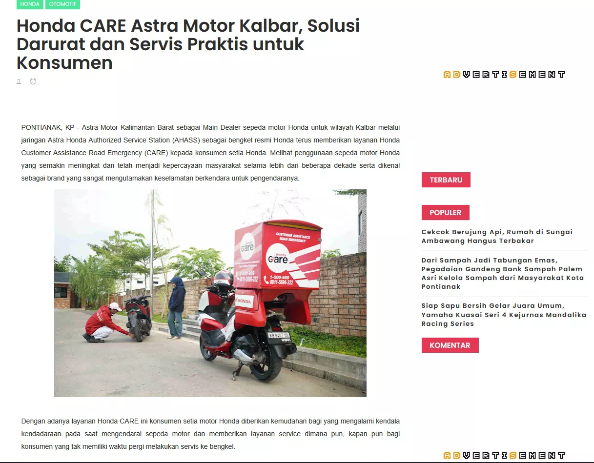 Honda CARE Astra Motor Kalbar, Solusi Darurat dan Servis Praktis untuk Konsumen