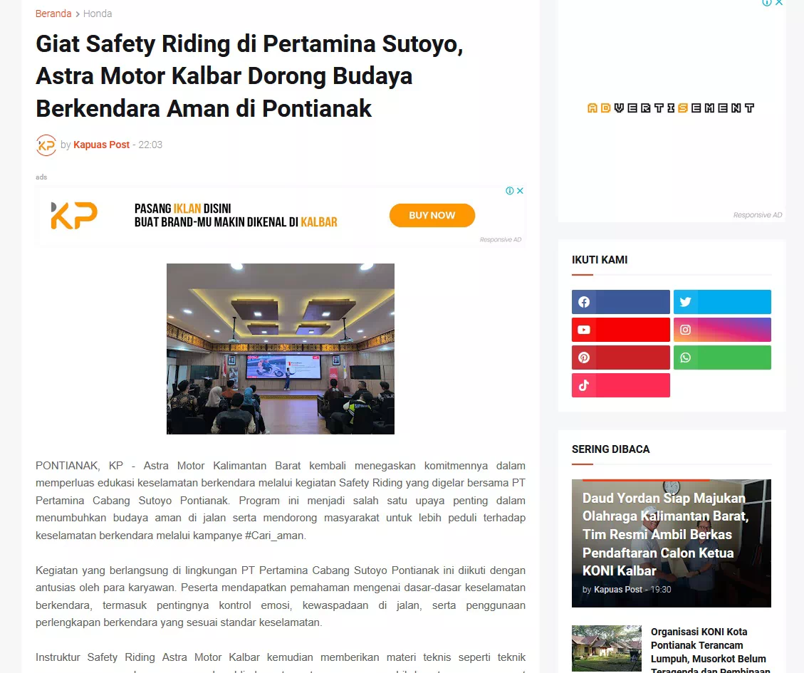 Giat Safety Riding di Pertamina Sutoyo, Astra Motor Kalbar Dorong Budaya Berkendara Aman di Pontianak