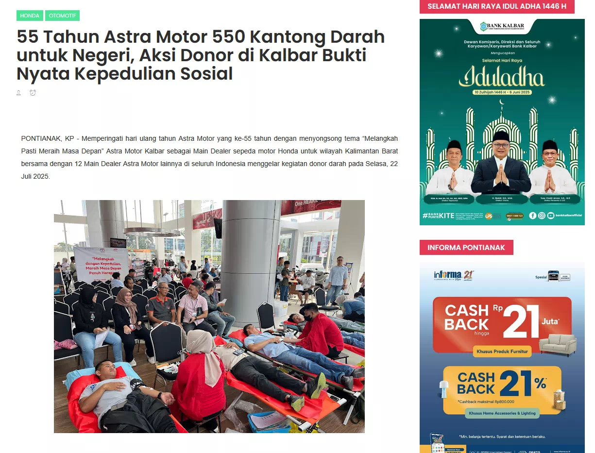 55 Tahun Astra Motor 550 Kantong Darah untuk Negeri, Aksi Donor di Kalbar Bukti Nyata Kepedulian Sosial