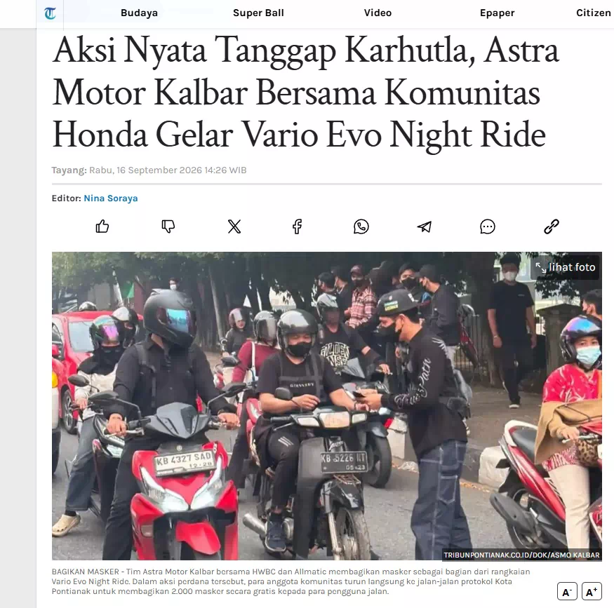 Aksi Nyata Tanggap Karhutla, Astra Motor Kalbar Bersama Komunitas Honda Gelar Vario Evo Night Ride