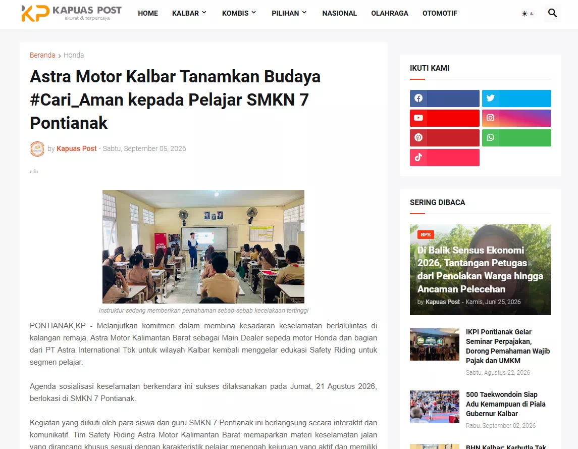 Astra Motor Kalbar Tanamkan Budaya #Cari_Aman kepada Pelajar SMKN 7 Pontianak