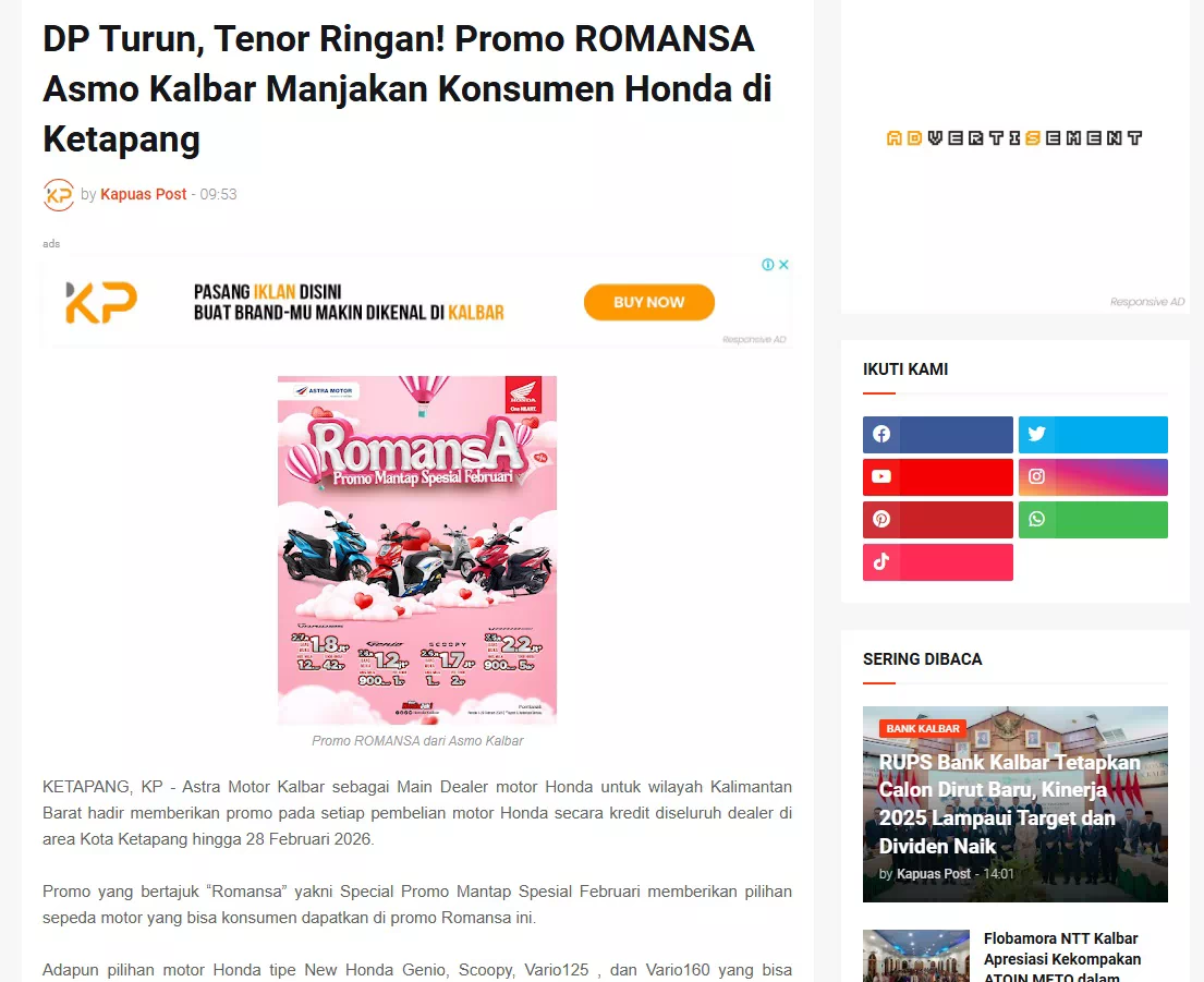 DP Turun, Tenor Ringan! Promo ROMANSA Asmo Kalbar Manjakan Konsumen Honda di Ketapang
