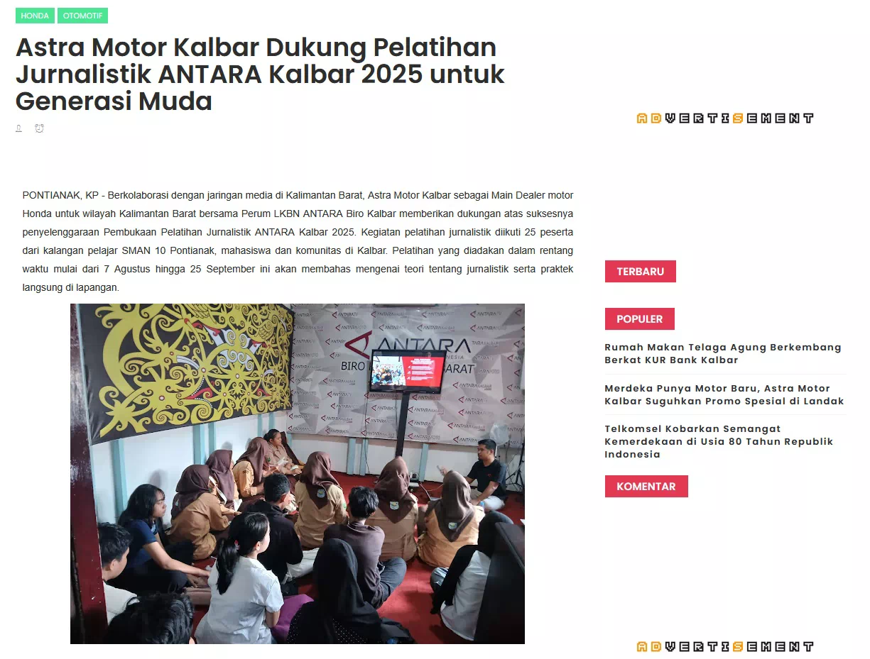 Astra Motor Kalbar Dukung Pelatihan Jurnalistik ANTARA Kalbar 2025 untuk Generasi Muda