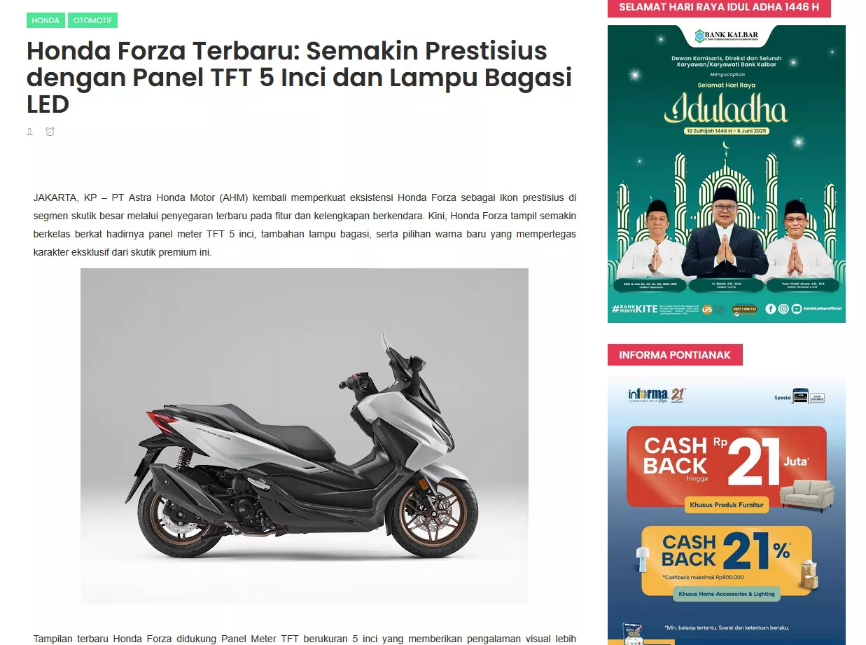 Honda Forza Terbaru: Semakin Prestisius dengan Panel TFT 5 Inci dan Lampu Bagasi LED