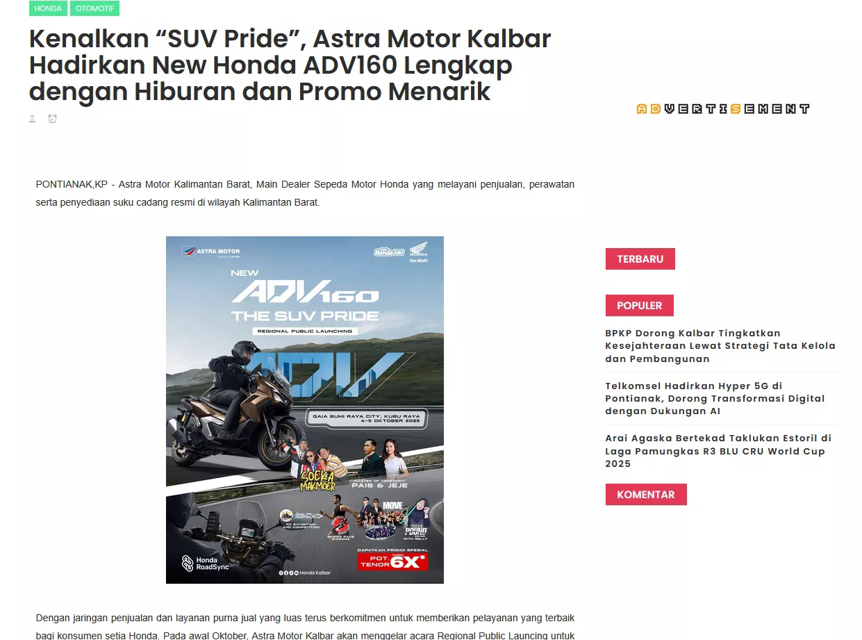 Kenalkan “SUV Pride”, Astra Motor Kalbar Hadirkan New Honda ADV160 Lengkap dengan Hiburan dan Promo Menarik