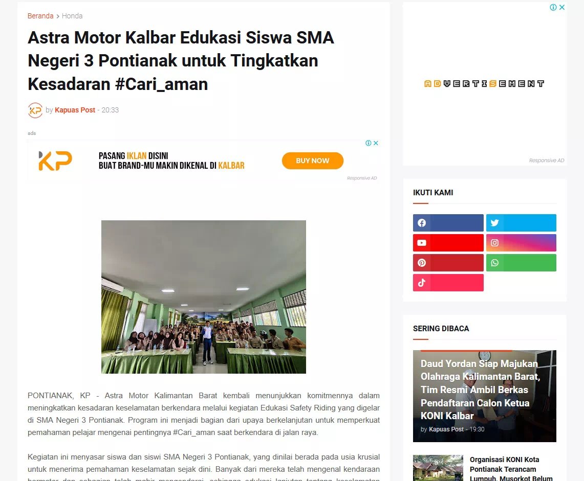 Astra Motor Kalbar Edukasi Siswa SMA Negeri 3 Pontianak untuk Tingkatkan Kesadaran #Cari_aman