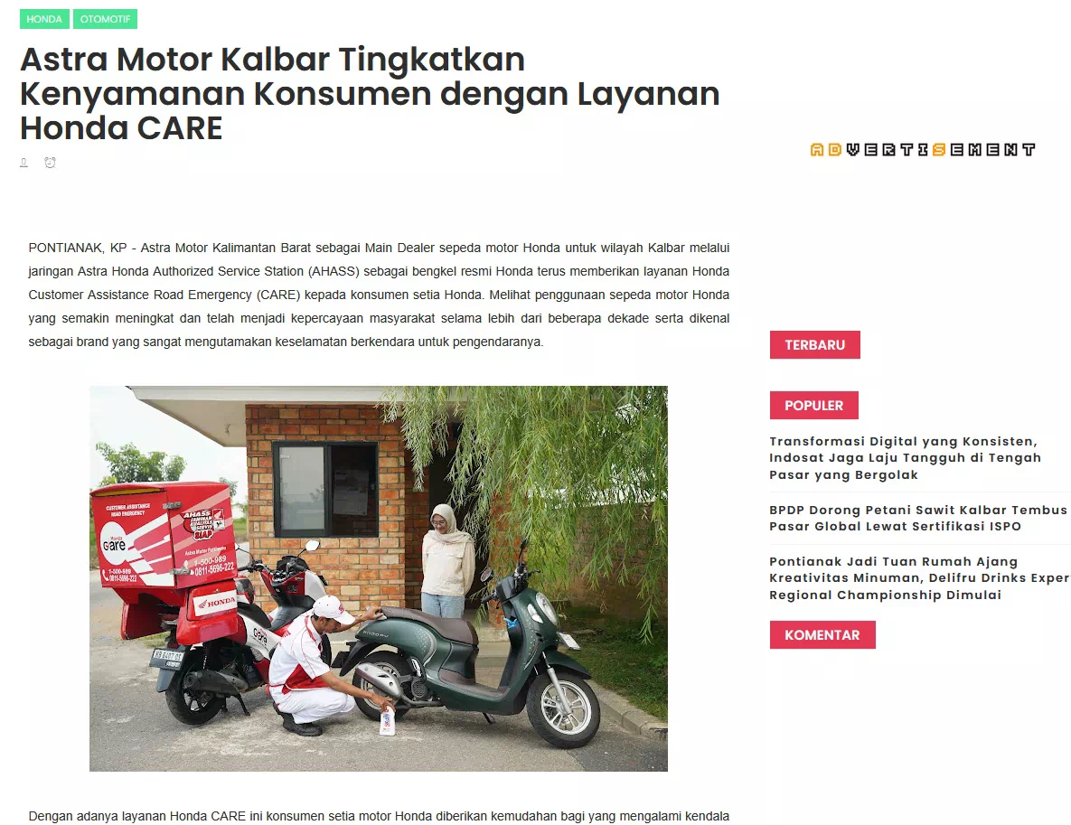 Astra Motor Kalbar Tingkatkan Kenyamanan Konsumen dengan Layanan Honda CARE