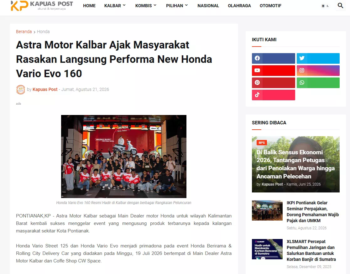 Astra Motor Kalbar Ajak Masyarakat Rasakan Langsung Performa New Honda Vario Evo 160