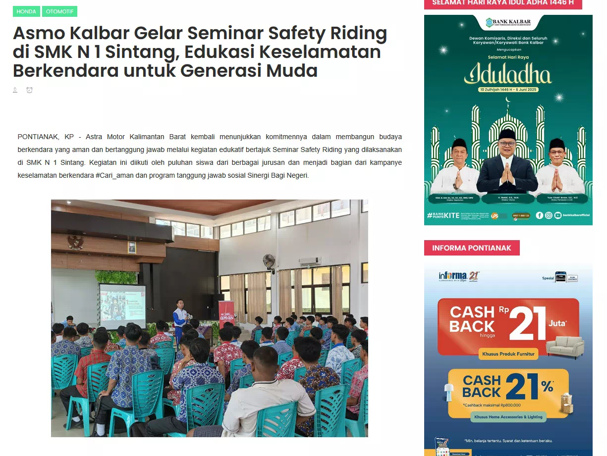 Asmo Kalbar Gelar Seminar Safety Riding di SMK N 1 Sintang, Edukasi Keselamatan Berkendara untuk Generasi Muda