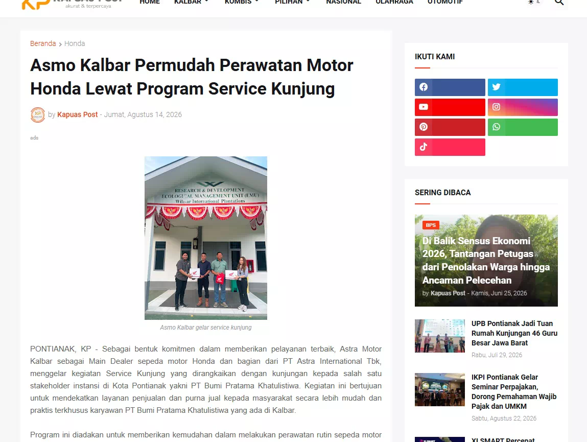 Asmo Kalbar Permudah Perawatan Motor Honda Lewat Program Service Kunjung
