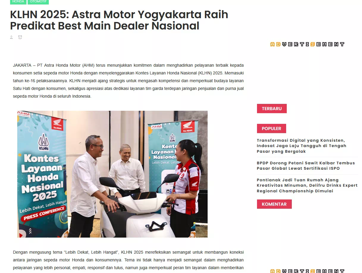 KLHN 2025: Astra Motor Yogyakarta Raih Predikat Best Main Dealer Nasional