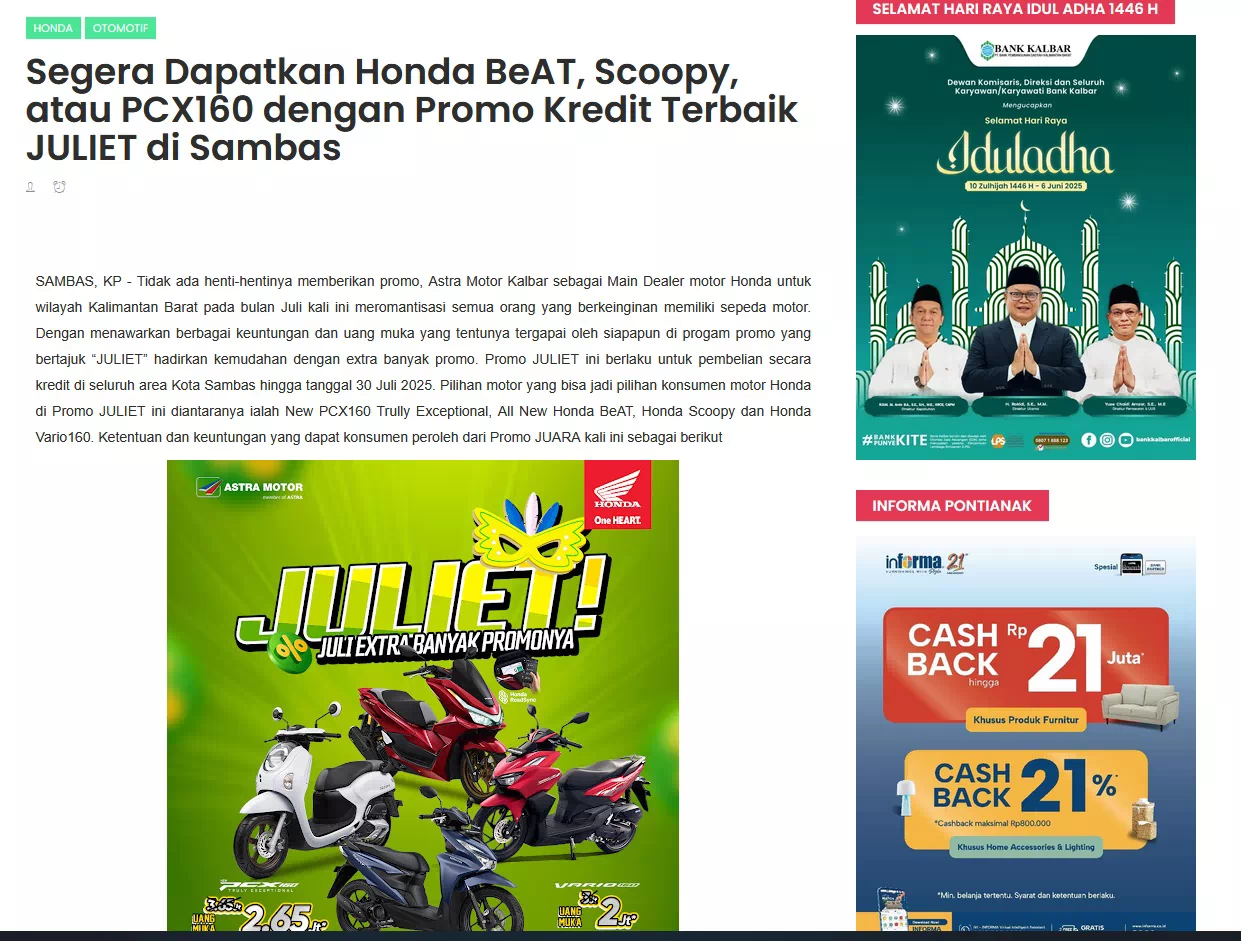 Segera Dapatkan Honda BeAT, Scoopy, atau PCX160 dengan Promo Kredit Terbaik JULIET di Sambas