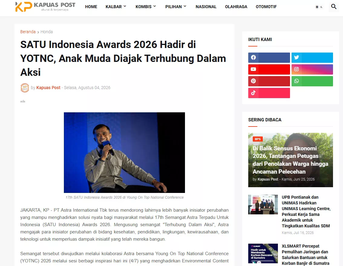 SATU Indonesia Awards 2026 Hadir di YOTNC, Anak Muda Diajak Terhubung Dalam Aksi