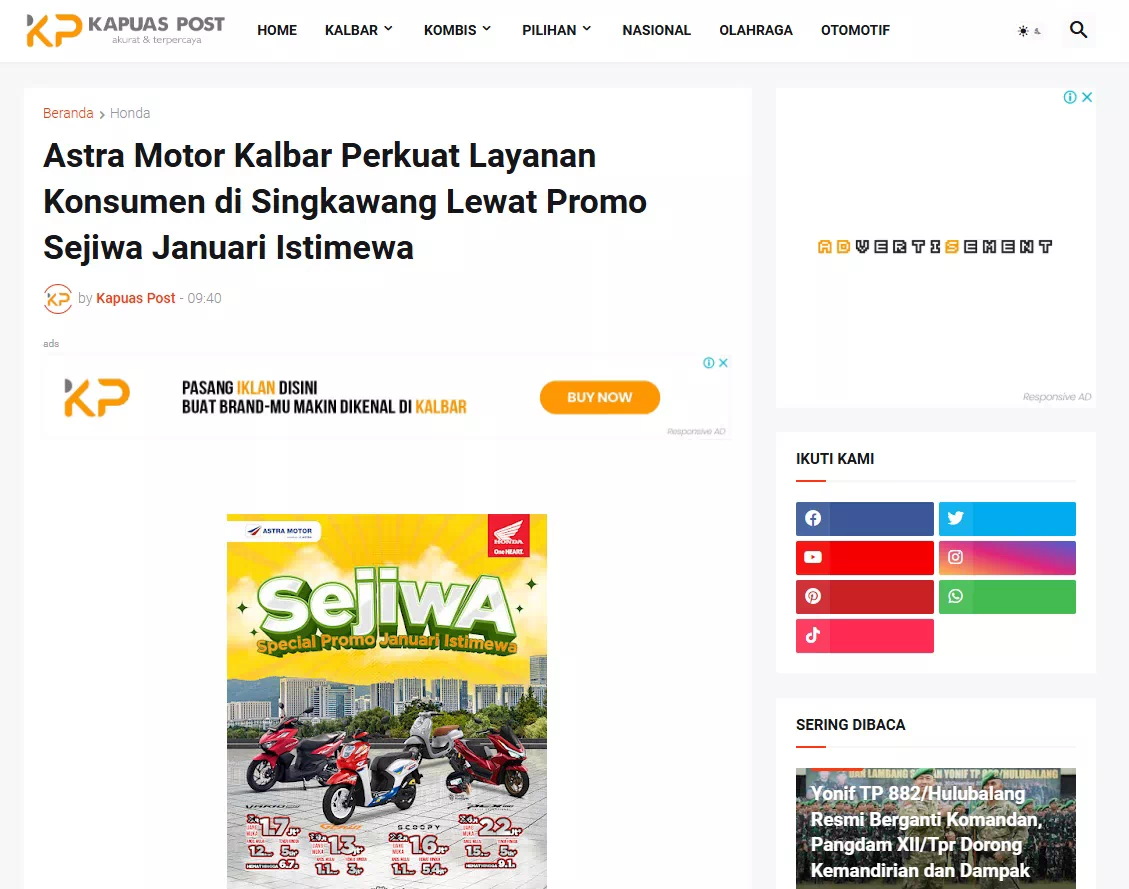 Astra Motor Kalbar Perkuat Layanan Konsumen di Singkawang Lewat Promo Sejiwa Januari Istimewa