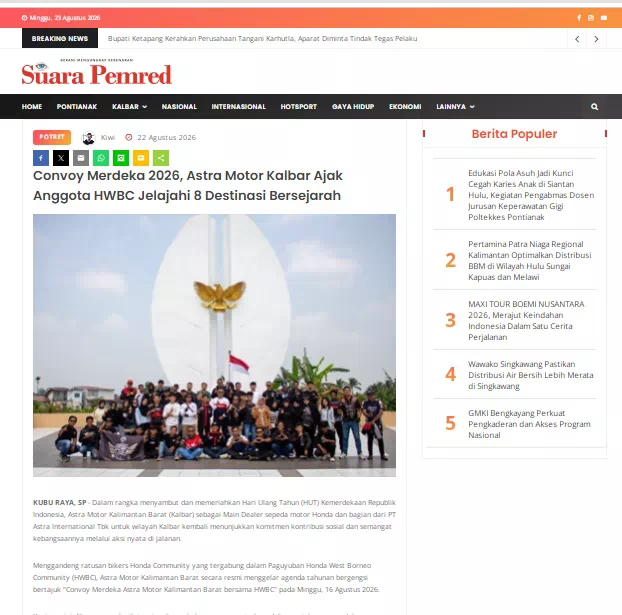 Convoy Merdeka 2026, Astra Motor Kalbar Ajak Anggota HWBC Jelajahi 8 Destinasi Bersejarah