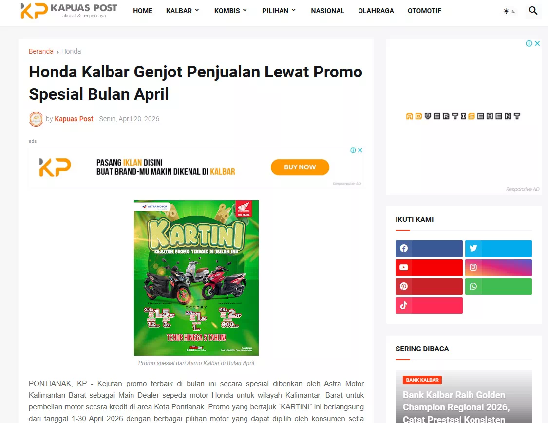 Honda Kalbar Genjot Penjualan Lewat Promo Spesial Bulan April