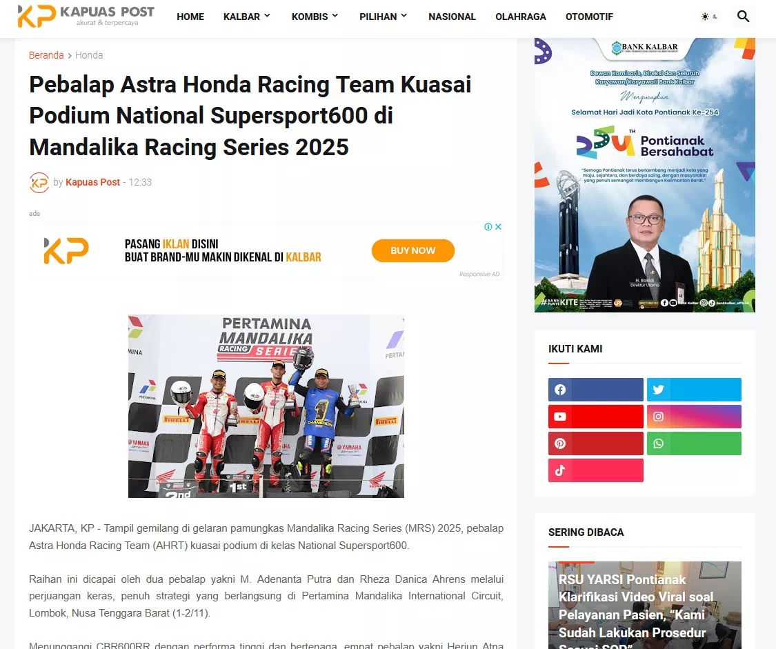 Pebalap Astra Honda Racing Team Kuasai Podium National Supersport600 di Mandalika Racing Series 2025