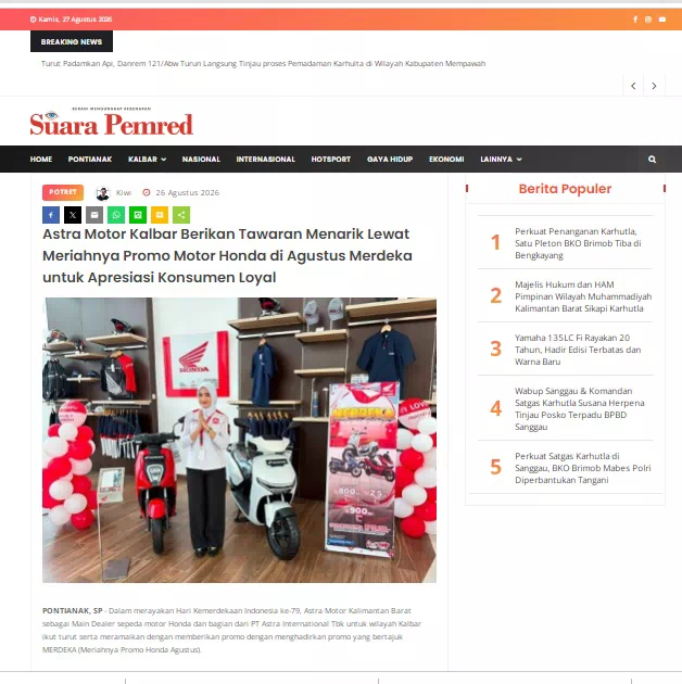 Astra Motor Kalbar Berikan Tawaran Menarik Lewat Meriahnya Promo Motor Honda di Agustus Merdeka untuk Apresiasi Konsumen Loyal
