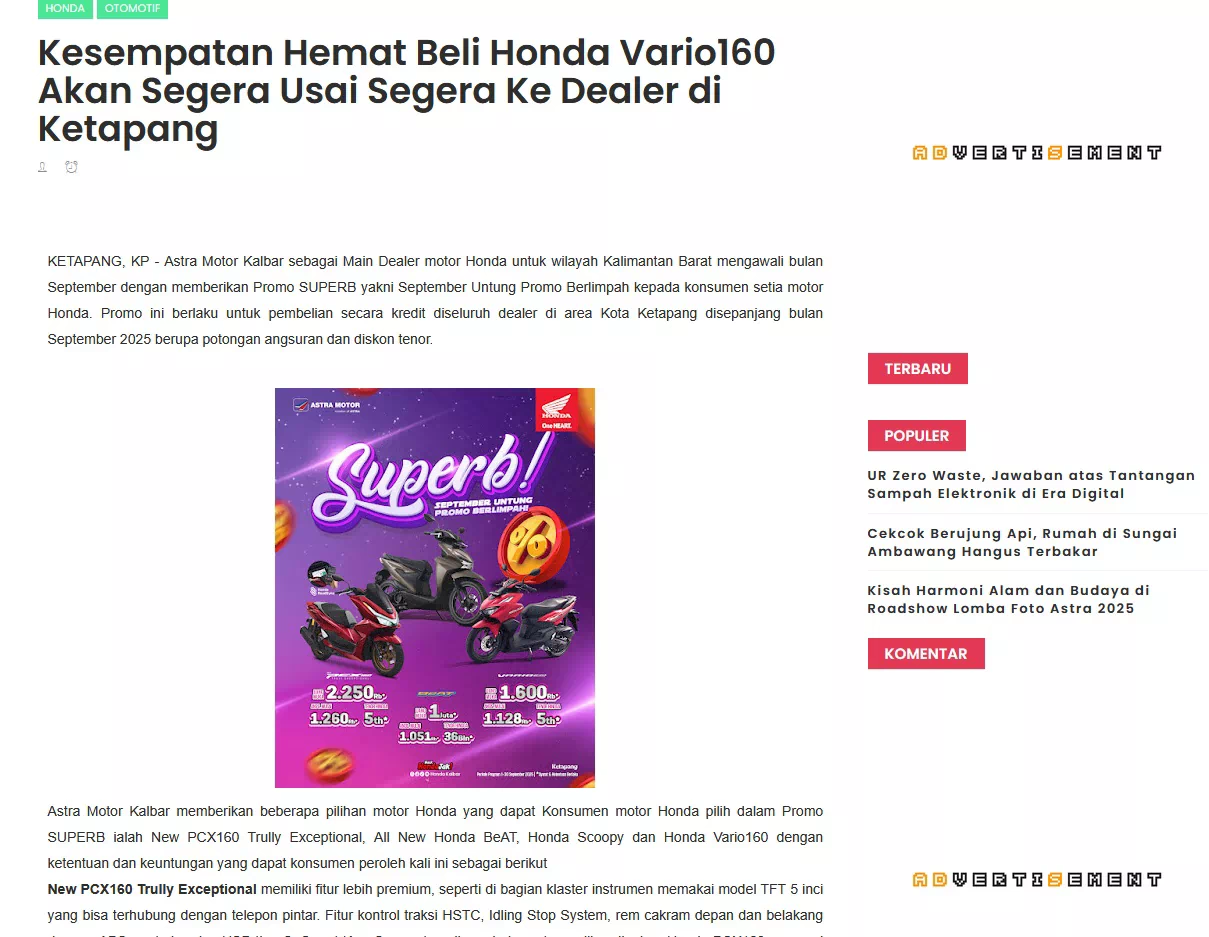 Kesempatan Hemat Beli Honda Vario160 Akan Segera Usai Segera Ke Dealer di Ketapang