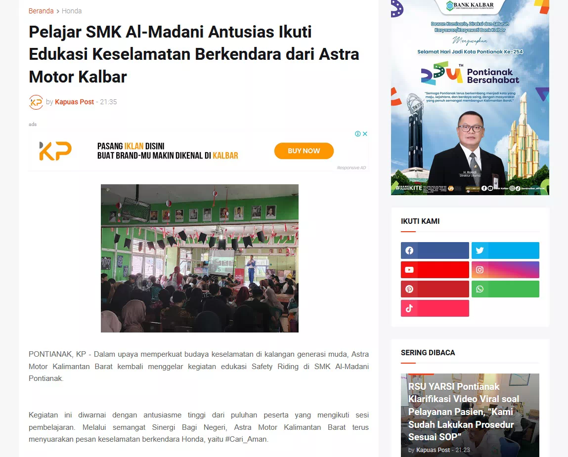 Pelajar SMK Al-Madani Antusias Ikuti Edukasi Keselamatan Berkendara dari Astra Motor Kalbar
