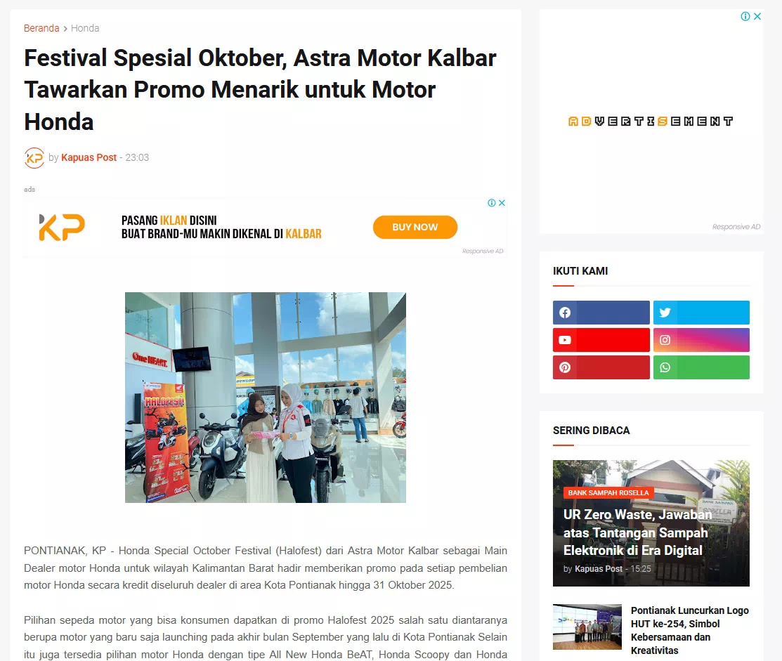 Festival Spesial Oktober, Astra Motor Kalbar Tawarkan Promo Menarik untuk Motor Honda