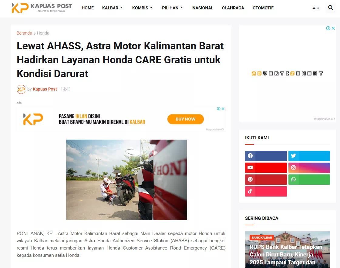 Lewat AHASS, Astra Motor Kalimantan Barat Hadirkan Layanan Honda CARE Gratis untuk Kondisi Darurat