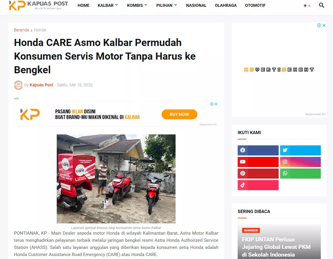 Honda CARE Asmo Kalbar Permudah Konsumen Servis Motor Tanpa Harus ke Bengkel