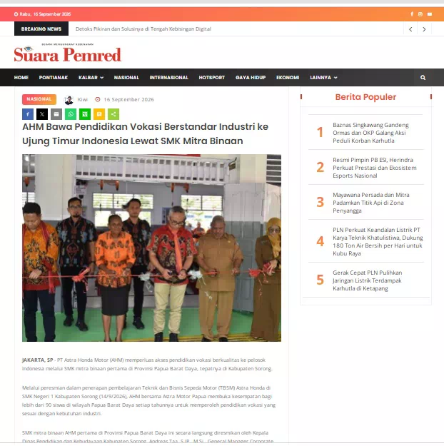 AHM Bawa Pendidikan Vokasi Berstandar Industri ke Ujung Timur Indonesia Lewat SMK Mitra Binaan
