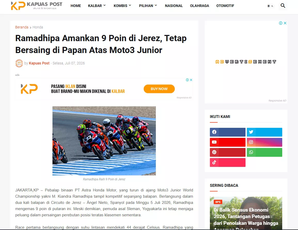 Ramadhipa Amankan 9 Poin di Jerez, Tetap Bersaing di Papan Atas Moto3 Junior