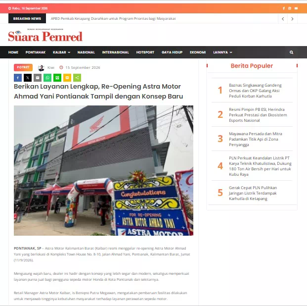 Berikan Layanan Lengkap, Re-Opening Astra Motor Ahmad Yani Pontianak Tampil dengan Konsep Baru
