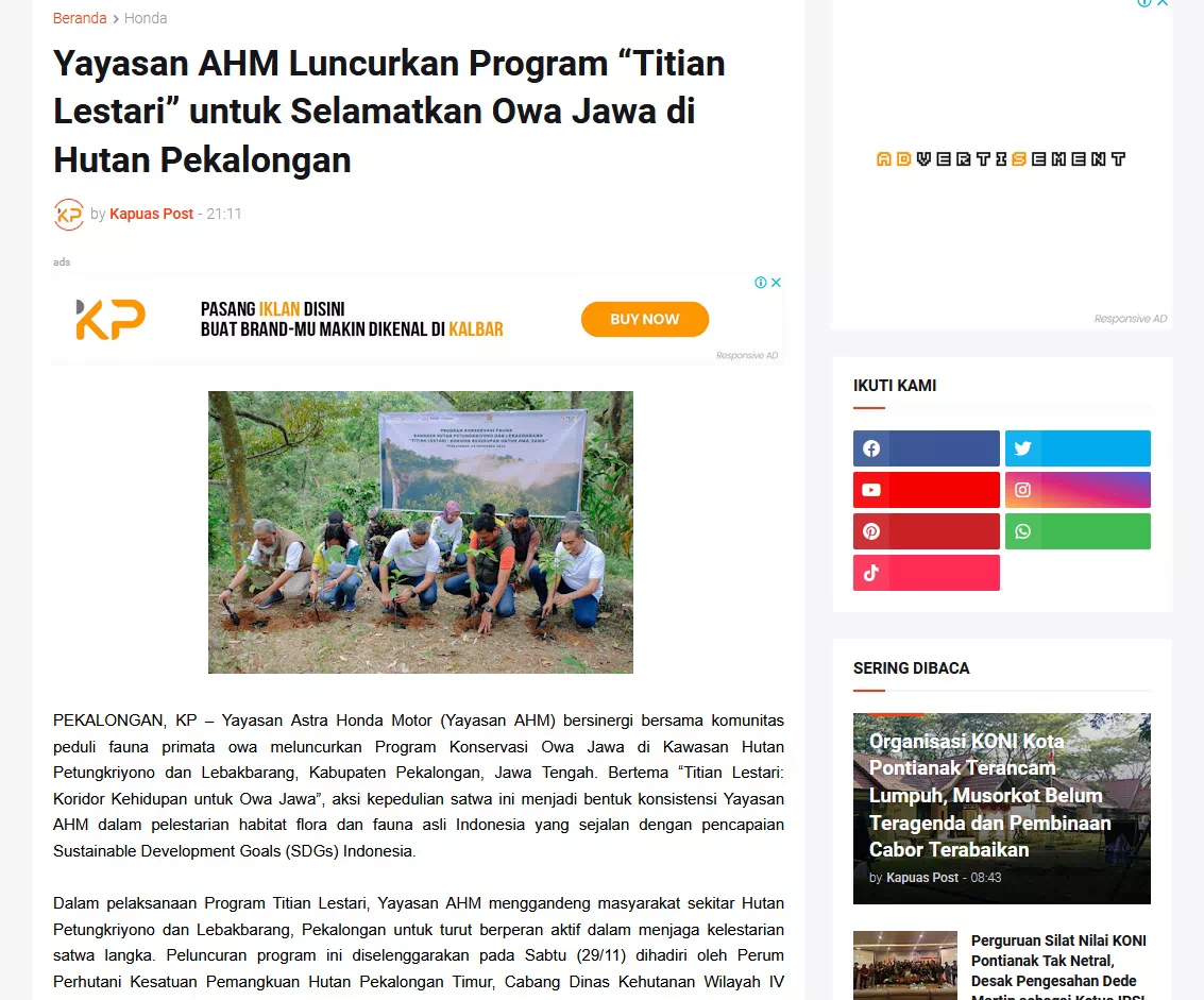 Yayasan AHM Luncurkan Program “Titian Lestari” untuk Selamatkan Owa Jawa di Hutan Pekalongan