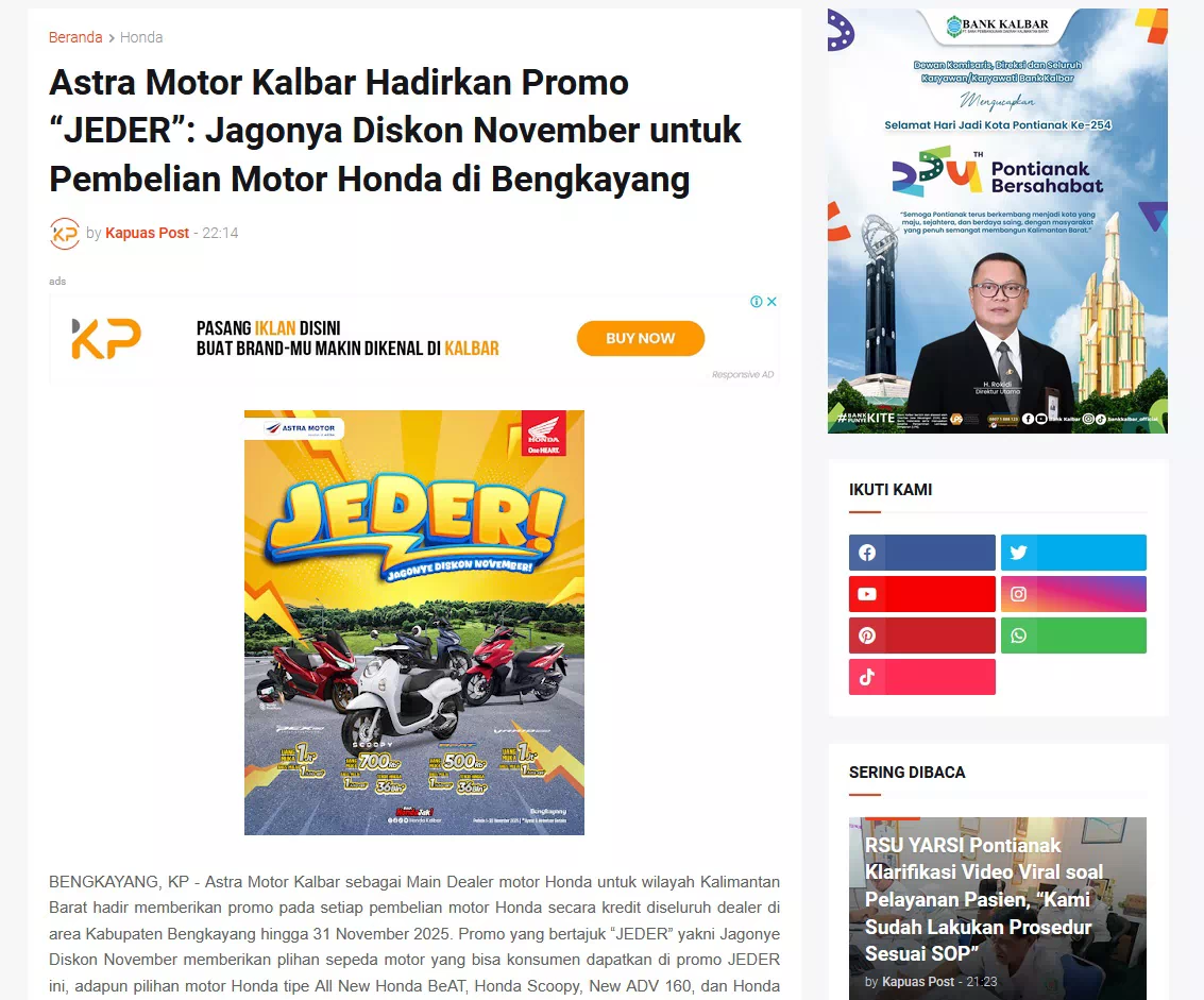 Astra Motor Kalbar Hadirkan Promo “JEDER”: Jagonya Diskon November untuk Pembelian Motor Honda di Bengkayang