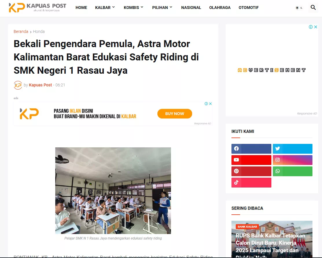 Bekali Pengendara Pemula, Astra Motor Kalimantan Barat Edukasi Safety Riding di SMK Negeri 1 Rasau Jaya