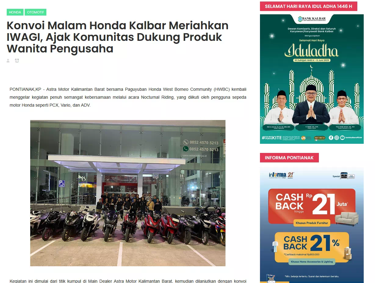 Konvoi Malam Honda Kalbar Meriahkan IWAGI, Ajak Komunitas Dukung Produk Wanita Pengusaha