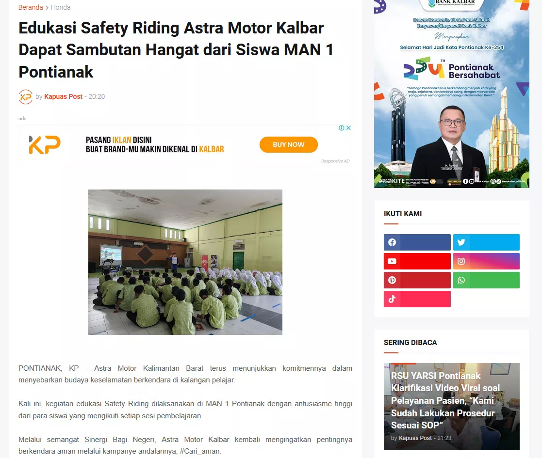 Edukasi Safety Riding Astra Motor Kalbar Dapat Sambutan Hangat dari Siswa MAN 1 Pontianak