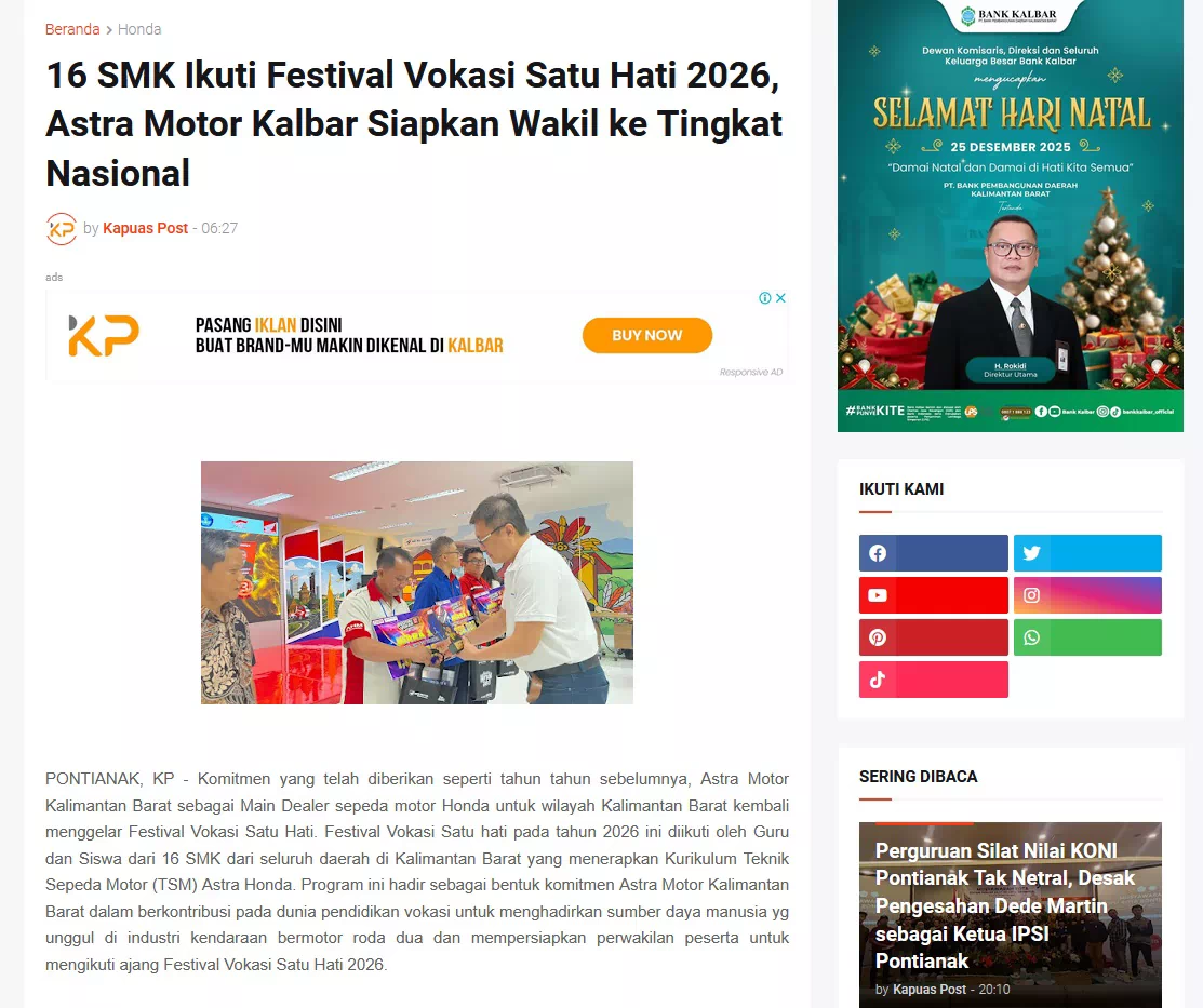 16 SMK Ikuti Festival Vokasi Satu Hati 2026, Astra Motor Kalbar Siapkan Wakil ke Tingkat Nasional